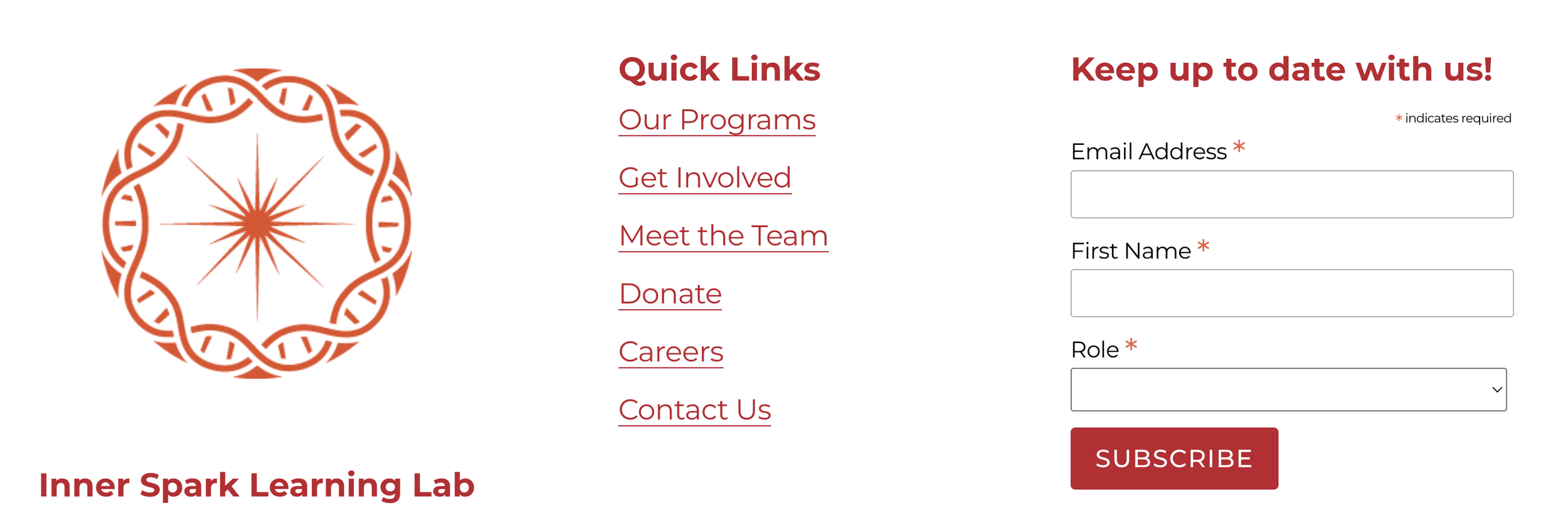 screenshot of Inner Spark's website footer that shows an email opt-in page