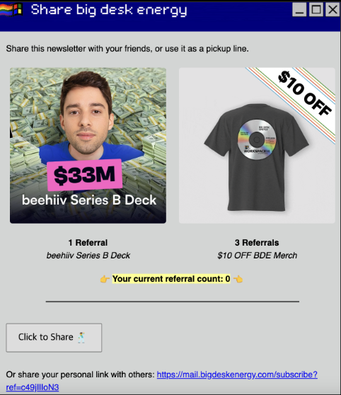 Image of Beehiv website with referral rewards system