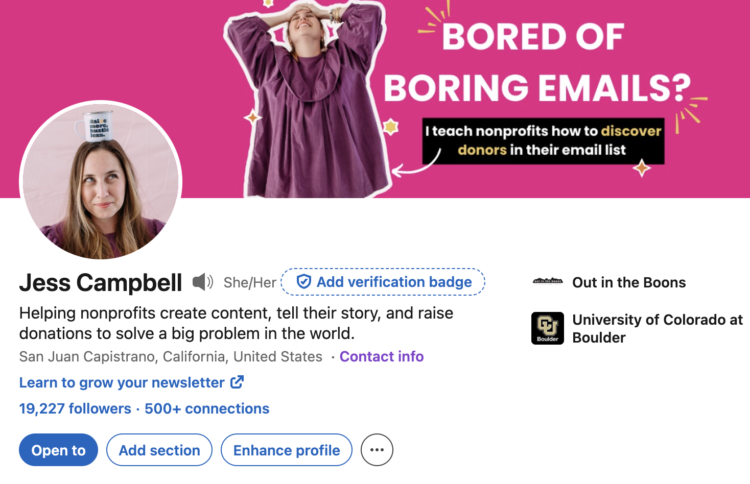 Screenshot of Jess Campbell's LinkedIn profile header which shows a link that says "learn to grow your newsletter"