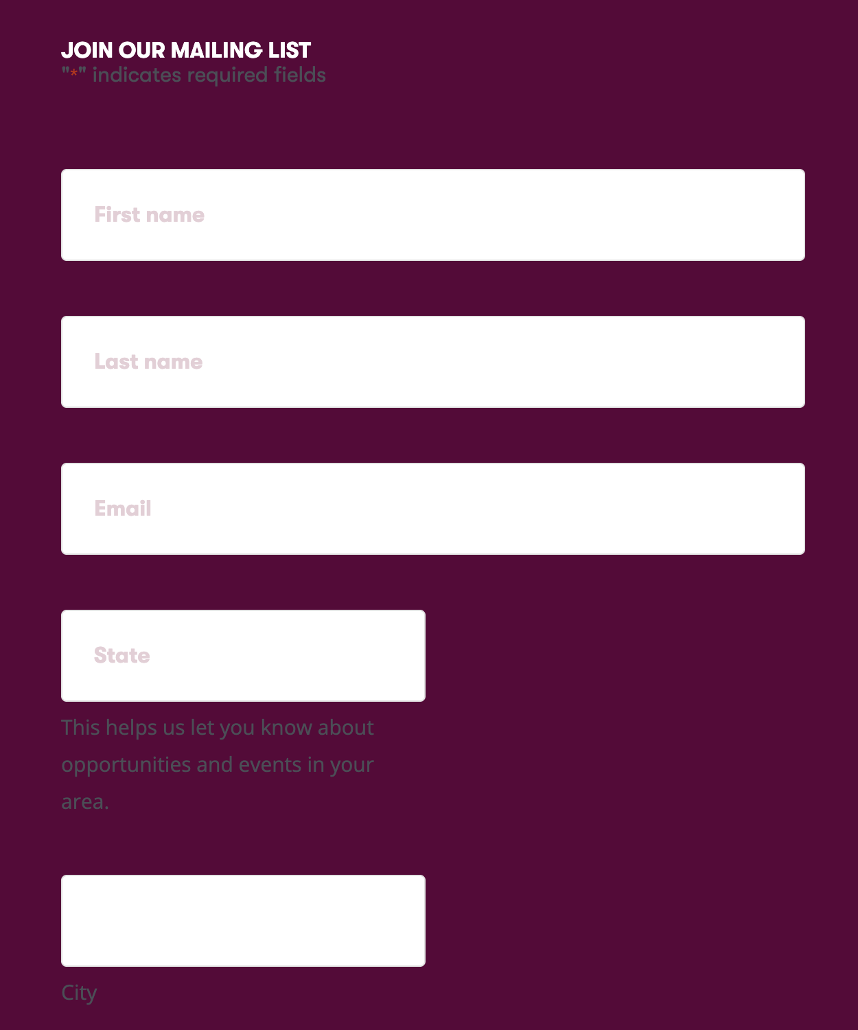 Image of join mailing list form with options for first name, last name, email, state, and city