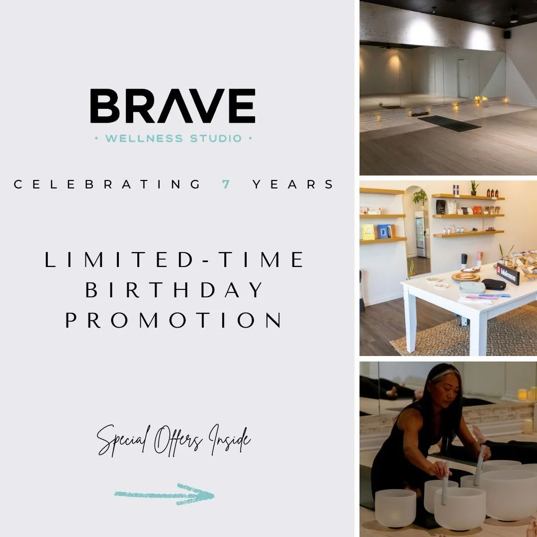 As we reflect on our seventh year of BRAVE, we are overwhelmed with gratitude for our community. 

To celebrate, we are offering a discounted class bundle, a new member introductory offer, and a $20 bonus gift card for every $100 BRAVE gift card purc