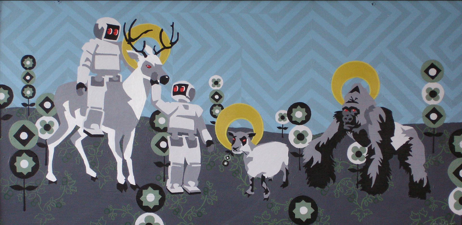Deer Sheep Gorilla Acrylic on hardboard panel 12” x 24” 2004