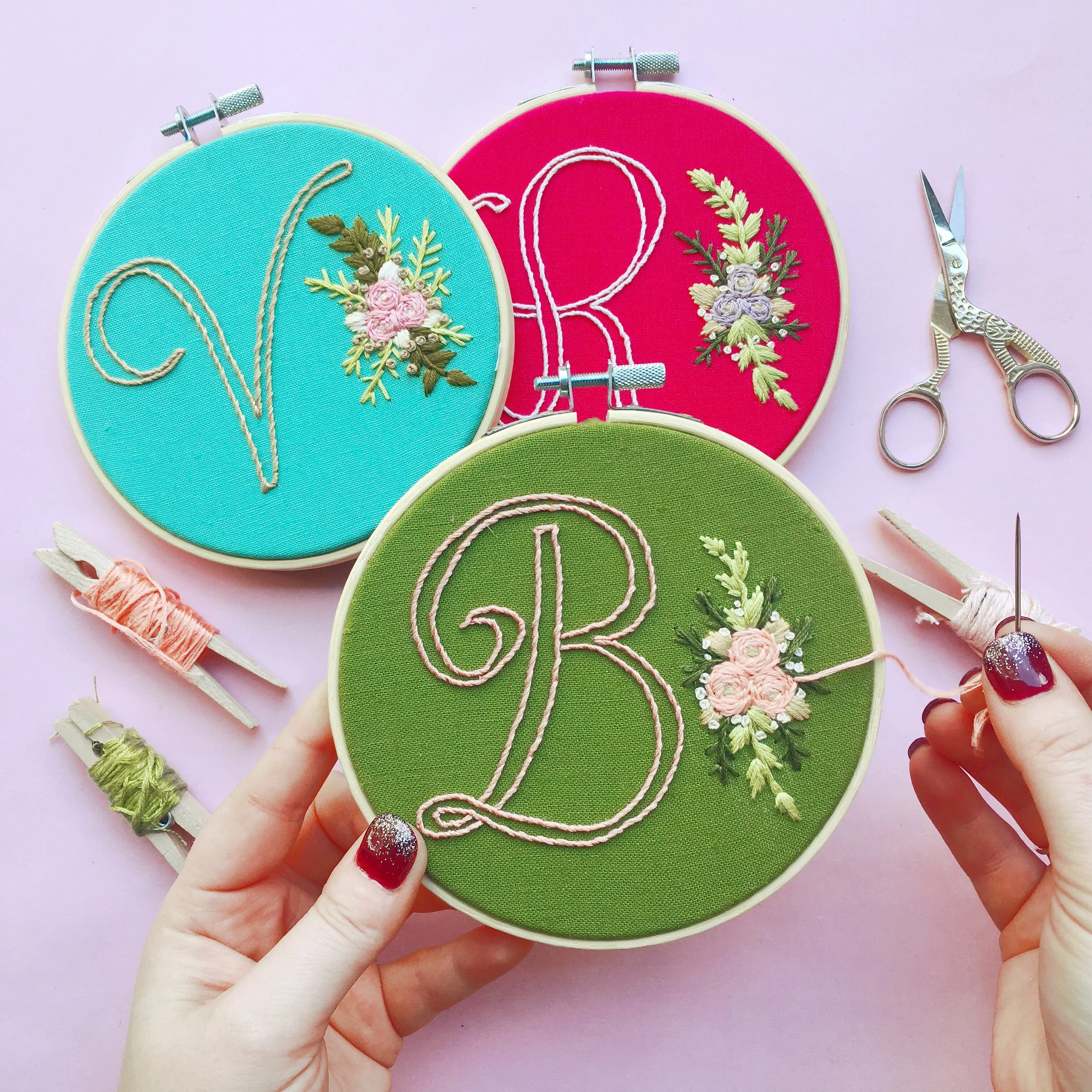 Monogram &amp; Flowers . PDF Hand Embroidery Pattern Pack