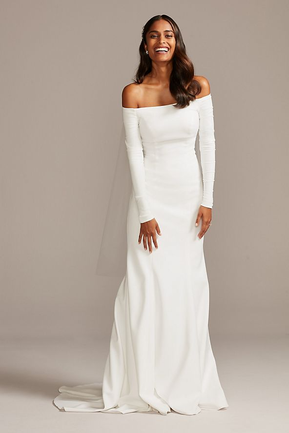 Off-the-Shoulder Buttoned Back Crepe Wedding Dress Style WG3990, Soft White, 8.png