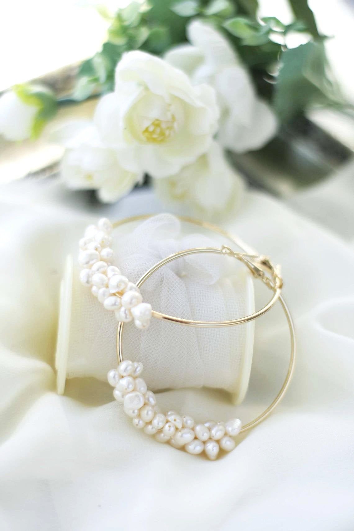 Freshwater Pearl Hoop Earrings Wedding Earrings Pearl Bridal Earrings Pearls Wedding jewelry Pearl accessories.jpg
