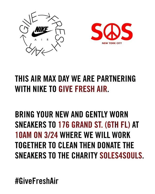 @systemofservice x @nikenyc 
With Spring cleaning right around the corner, we&rsquo;ll be partnering up with @nikenyc to Give Fresh Air as a lead up to Air Max Day this Sunday, from 10-1 PM. Rather than throwing away the sneakers you no longer want, 