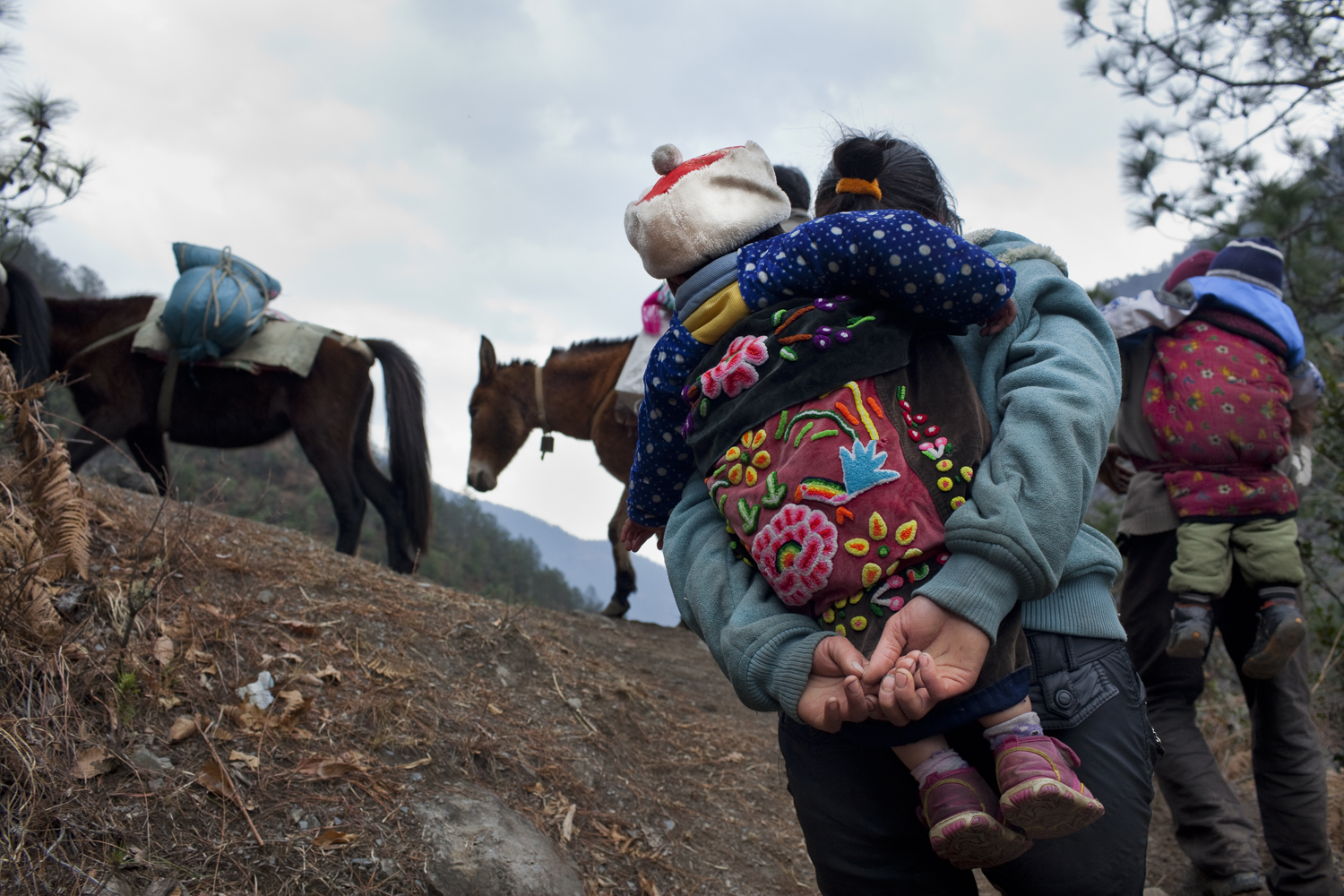  Families on their way back to Baihanluo after celebrating Spring Festival in another village. This village sits on top of a mountain and like Dimaluo is a Catholic Tibetan village.&nbsp; This pack train is bringing supplies up and some are making Ne