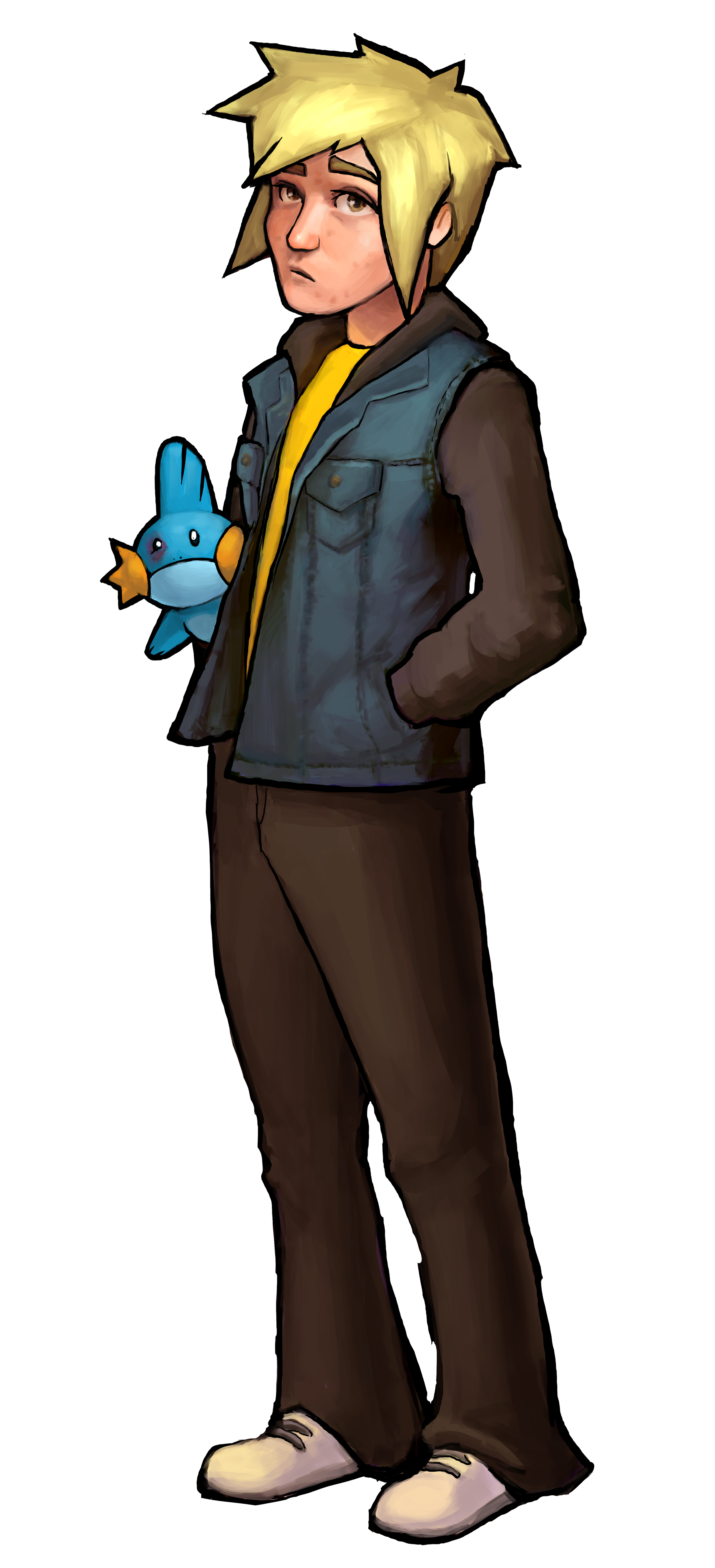 Xander has blonde hair, a jean jacket, and a yellow t-shirt. He is holding “Muddy Waters”, who has a black eye.