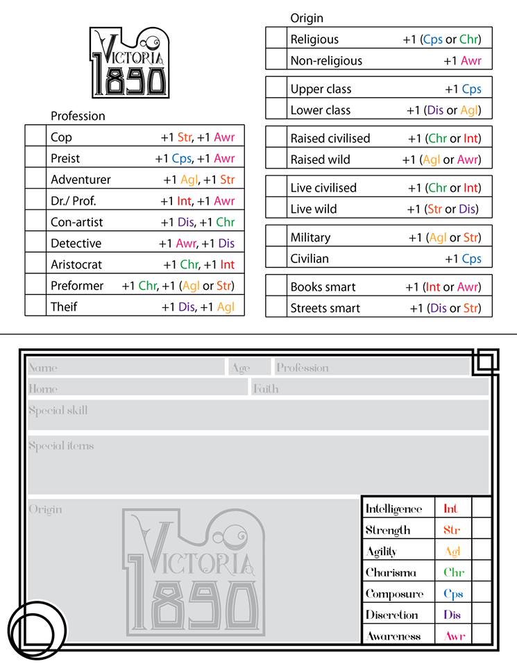 Victoria 1890 Character Sheet. Designed by Greg Reasoner.