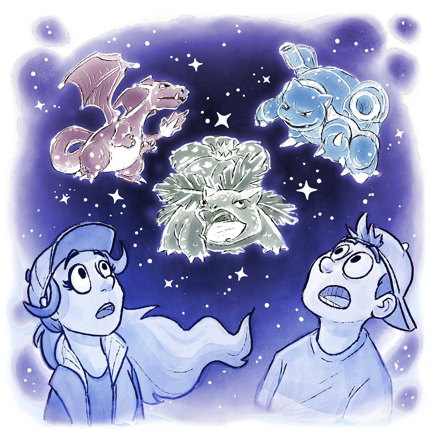 Candace and Skip are looking up at the stars, with Visions of Charizard, Blastoise, and Venasaur appearing like constellations.