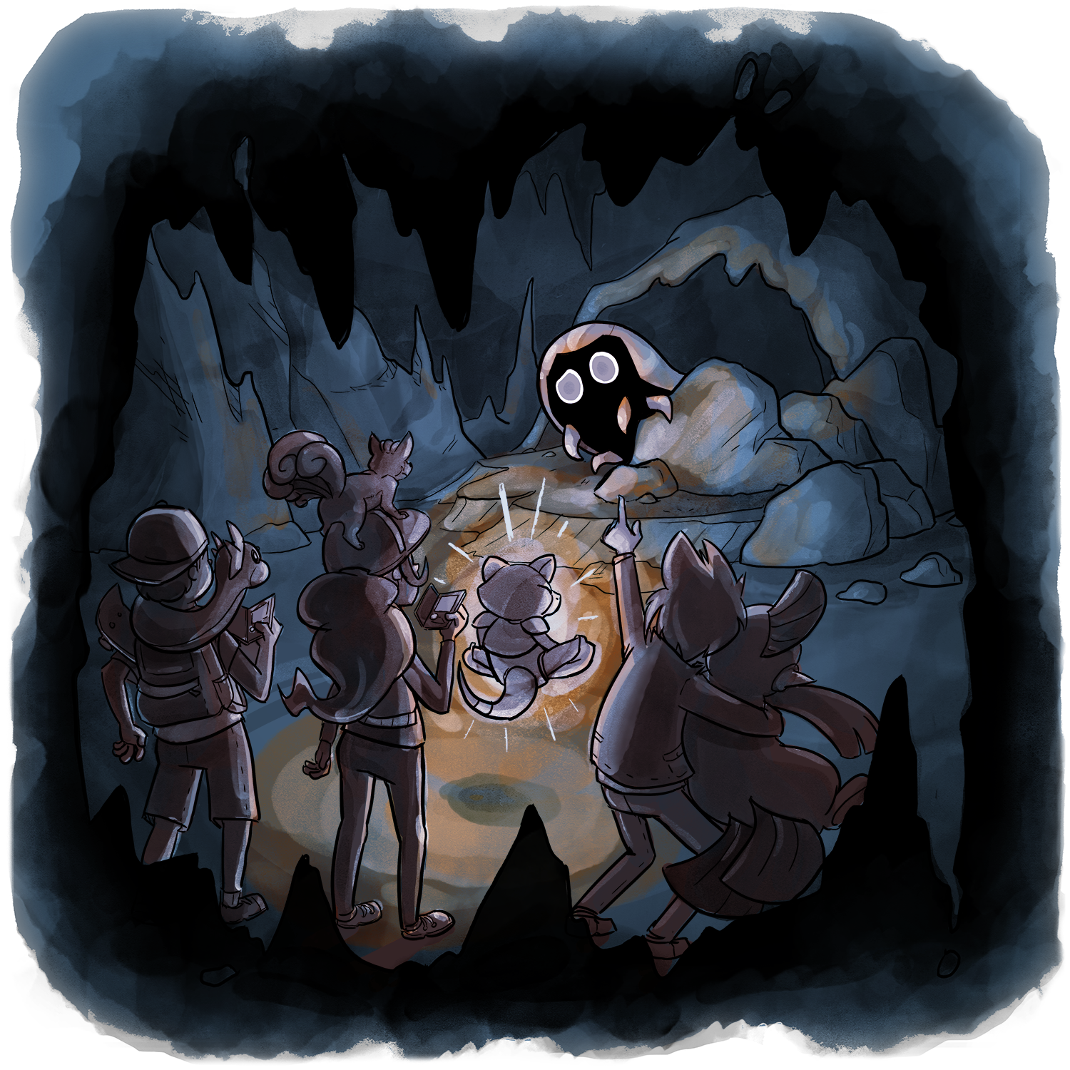 In a dark, creepy cave and illuminated by an Debbie the Abra’s light, Skip, Candace, and Xander have discovered a Kabuto crawling out from behind a rock.