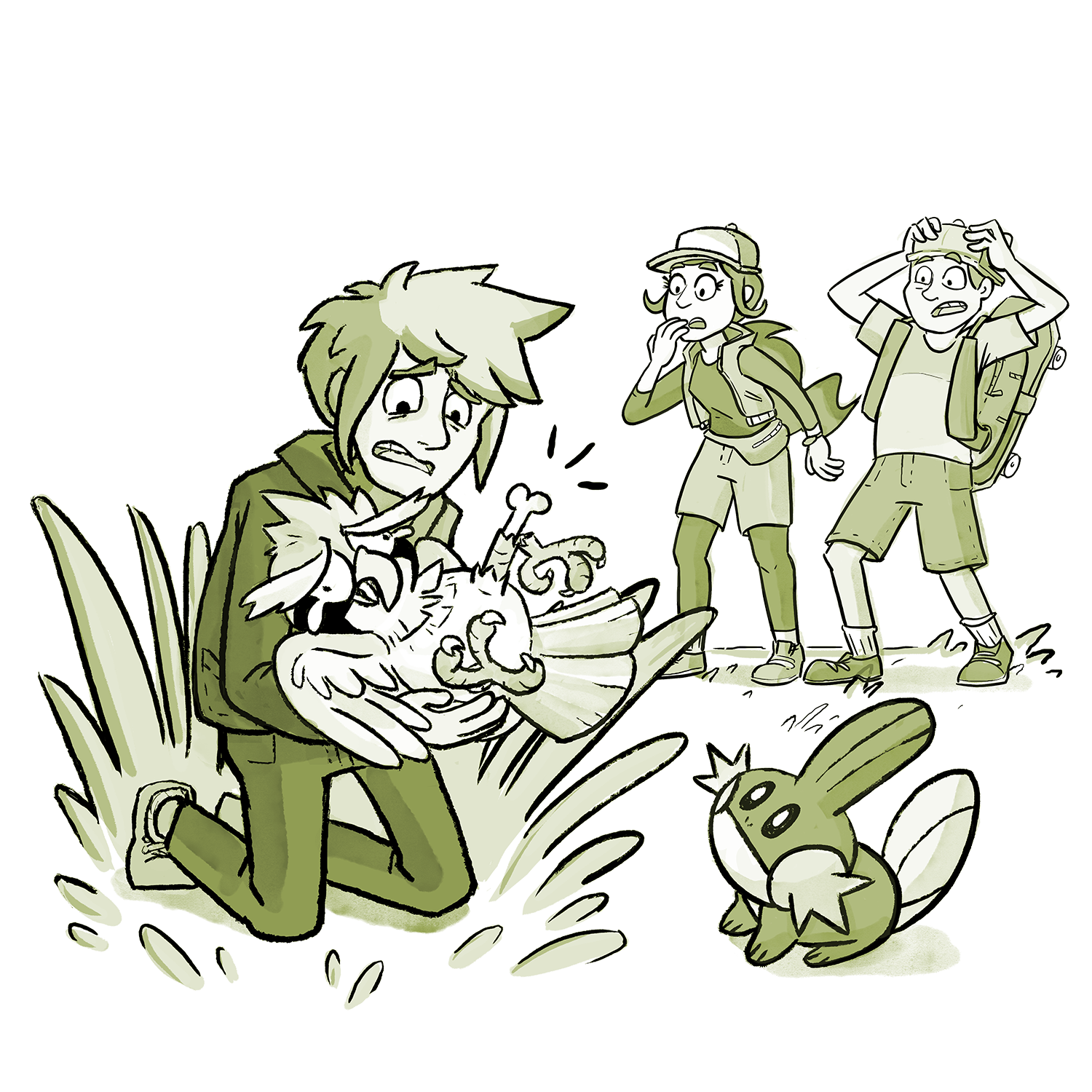 Xander is exasperated and holding Ramona, the Pidgey. She has a broken leg. Skip and Candace are watching in shock. Muddy Waters is there too.