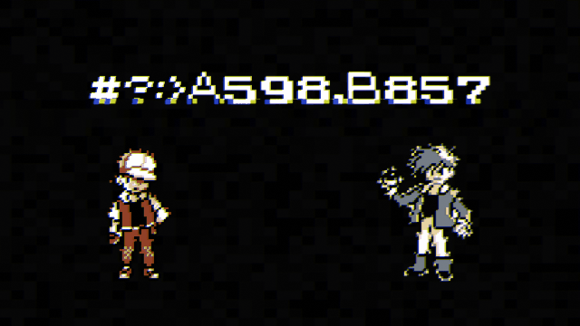 Original Gameboy sprites of Trainer Red and Trainer Blue, with the episode number and glitchy artifacts.