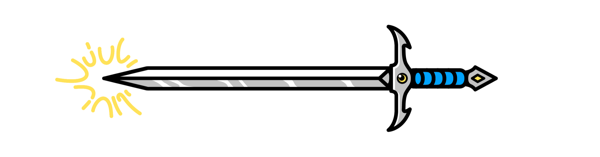 A stylized cartoon sword with a yellow glow around the blade and the word 'JULY' written in yellow around the glow.