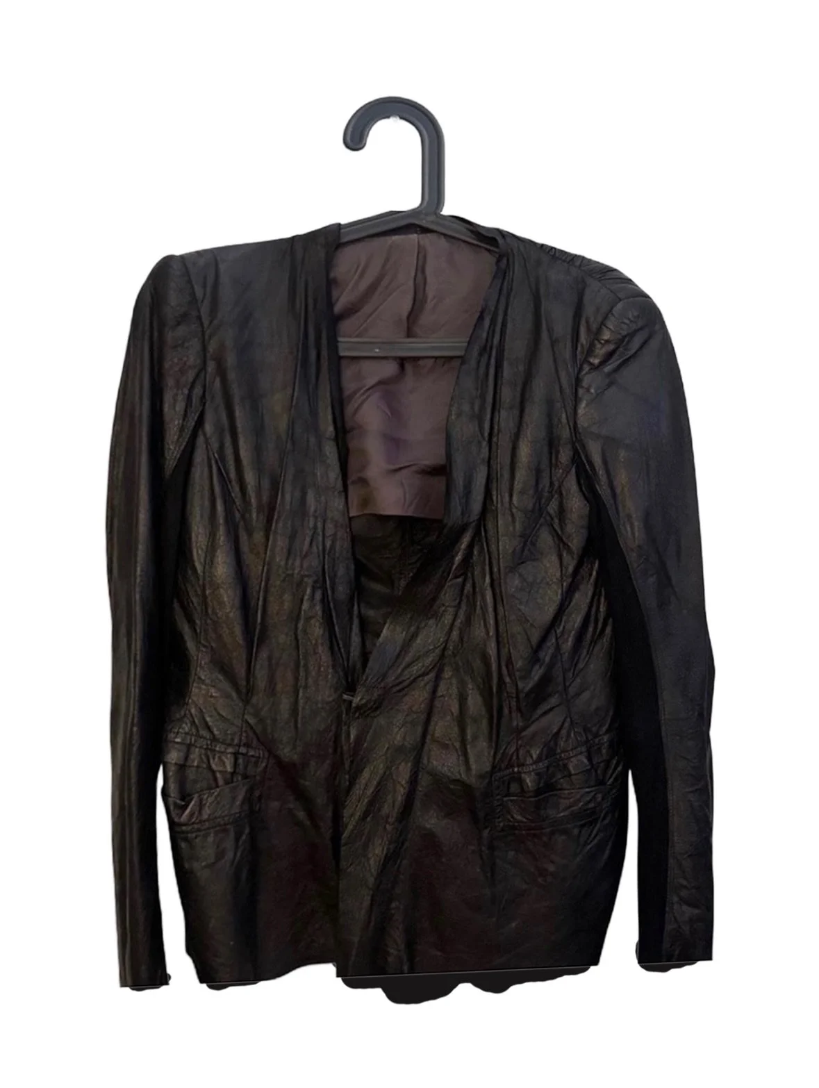 Rick Owens leather blazer with hook closure. 

Unlined with knit sleeves and front pockets. 

SOLD