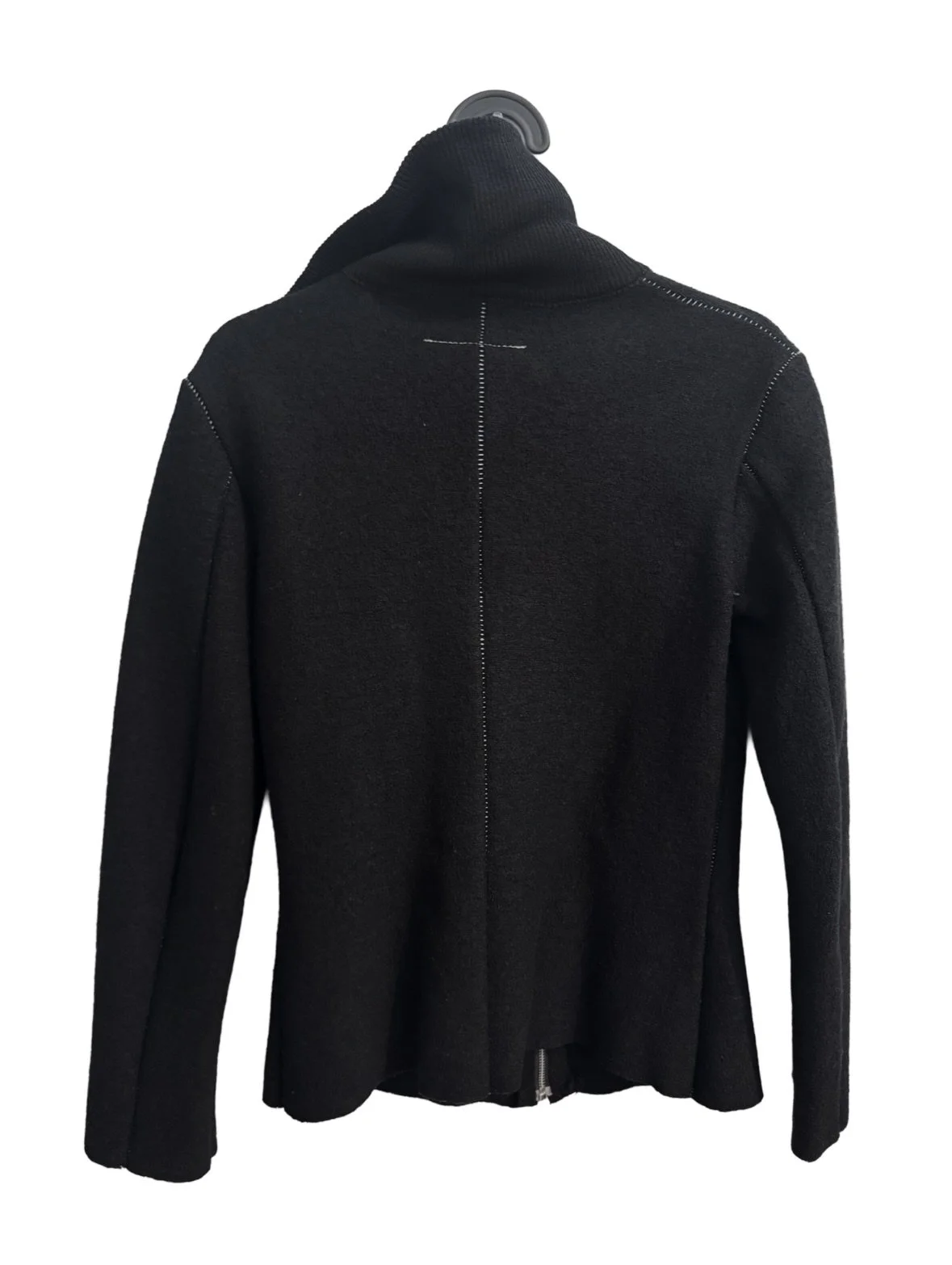 Maison Margiela wool evening jacket with ribbed standing collar and zip closure. 

Metal zipper and widened pull tab and ladder stitched construction. 

SOLD