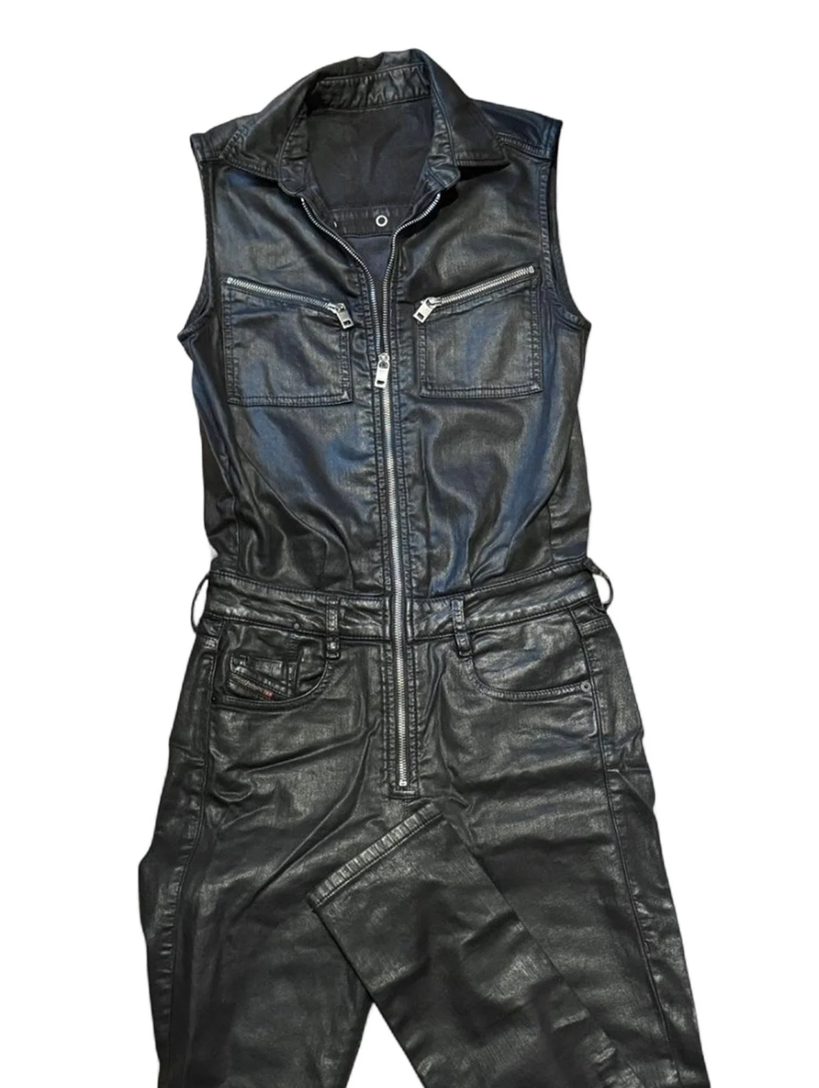 Sleeveless Diesel cotton jumpsuit with a waxed/leather look and zip closure. 

Has collar, belt loops, and snaps at back to vent shoulder blades. 

US S | SOLD