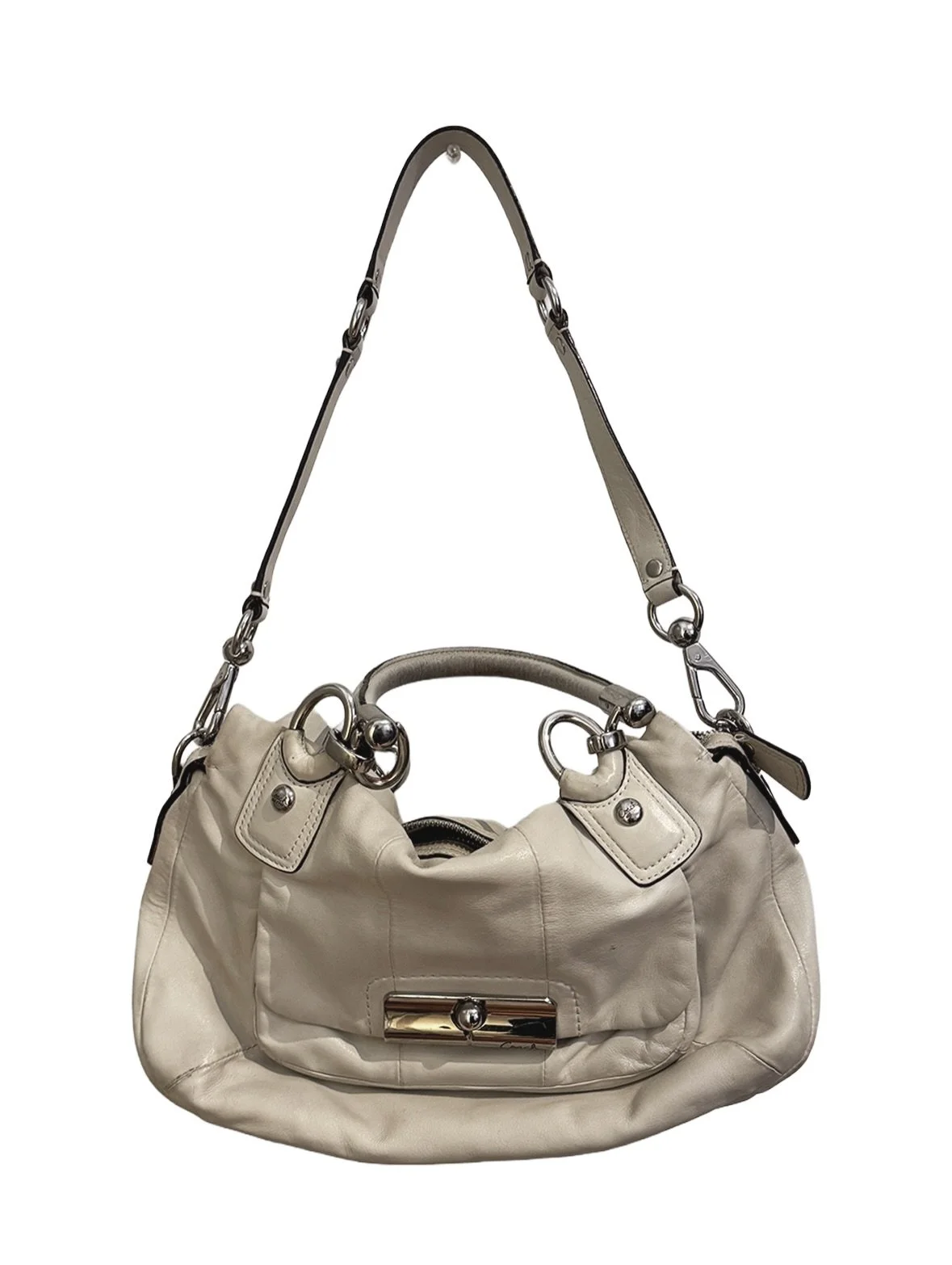 Cream COACH bag with two carry handles and silver hardware 

Also has longer strap, outer magnetic pocket, and inner zip pocket

Link in Bio | $65