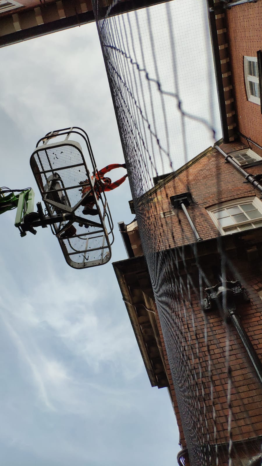 Bird netting pest control installation with MEWP
