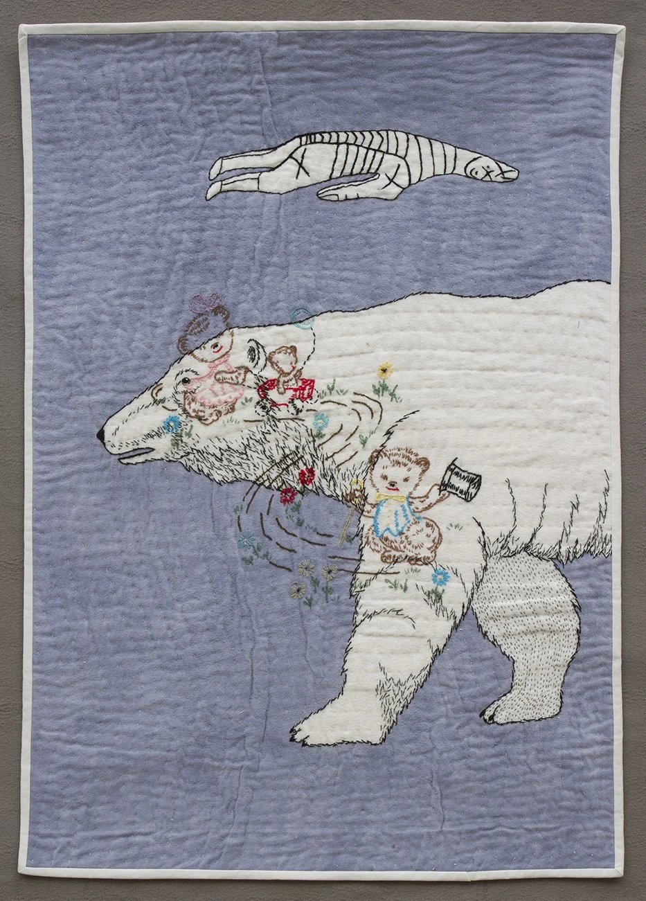1.	Nanuq and the 3 Bears, hand-embroidered, painted, and quilted vintage baby blanket using cotton thread, 33” x 23.5”,
