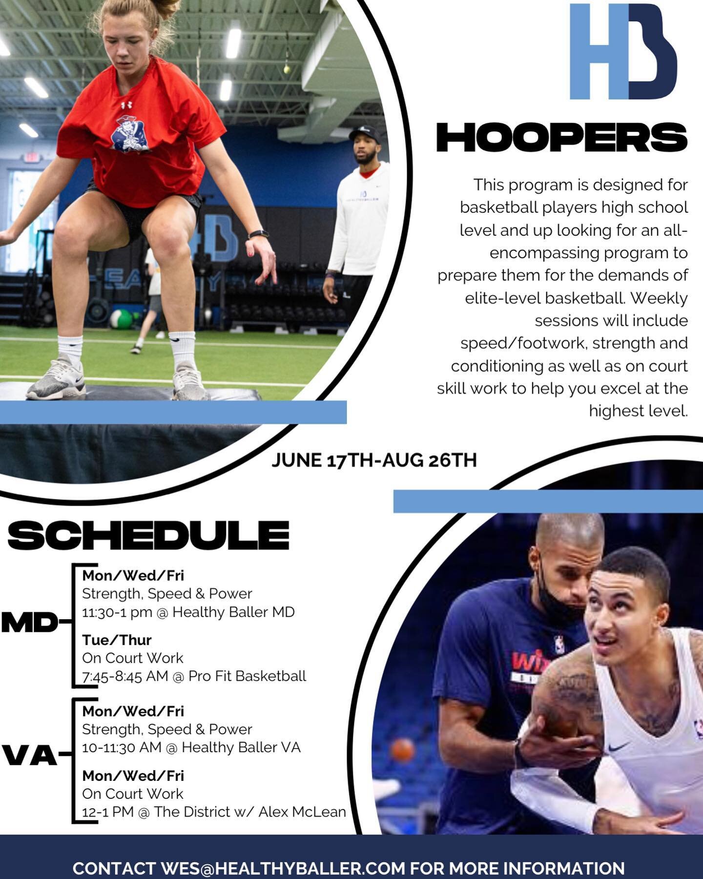 Our Hoopers Program is back and better than ever!  If you&rsquo;re a serious Hooper looking to take your skills and basketball athleticism to the next level, this is the program for you. 

Weekly skill sessions will be available in both locations (Ro