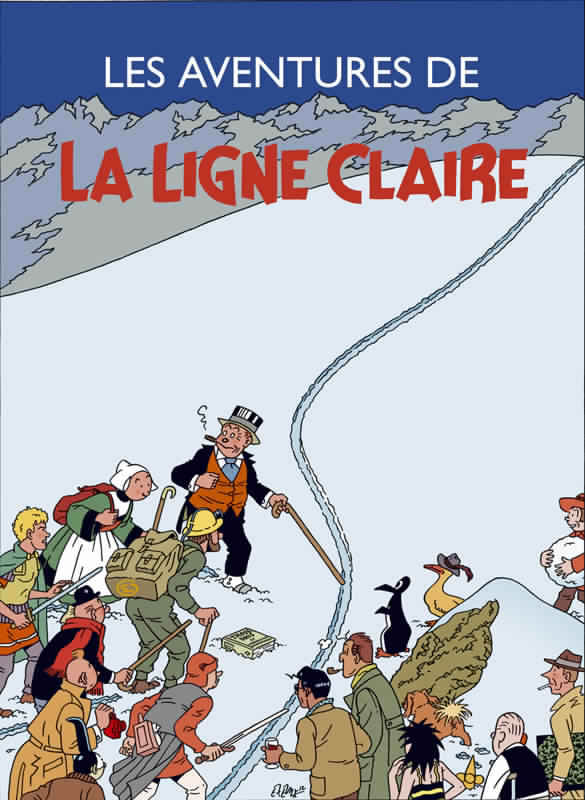 Affiche : Exem, une composition qui s'inspire de la couverture de Tintin au Tibet , avec de multiples références à l'histoire de la bande dessinée, de McManus à Bob de Moor en passant par Alain Saint-Ogan.