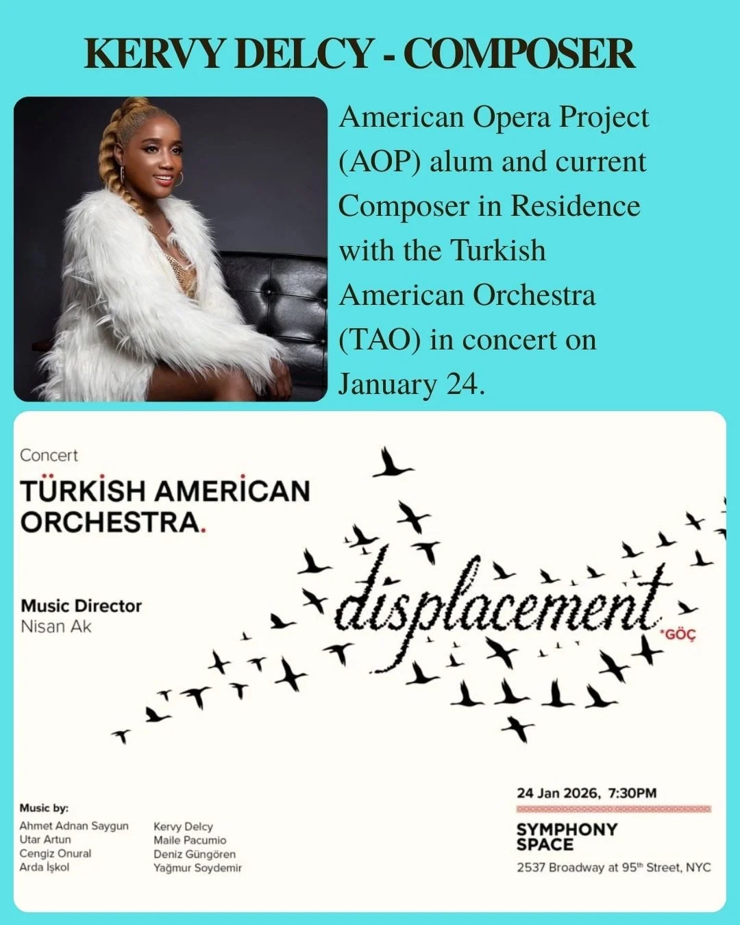 We&rsquo;re excited to celebrate @kervydelcy, @composersandthevoice 2023-25, whose work will be featured in Sounds of Displacement on January 24 at @symphonyspace
Presented by the @turkishamericanorchestra, this concert explores migration, memory, an
