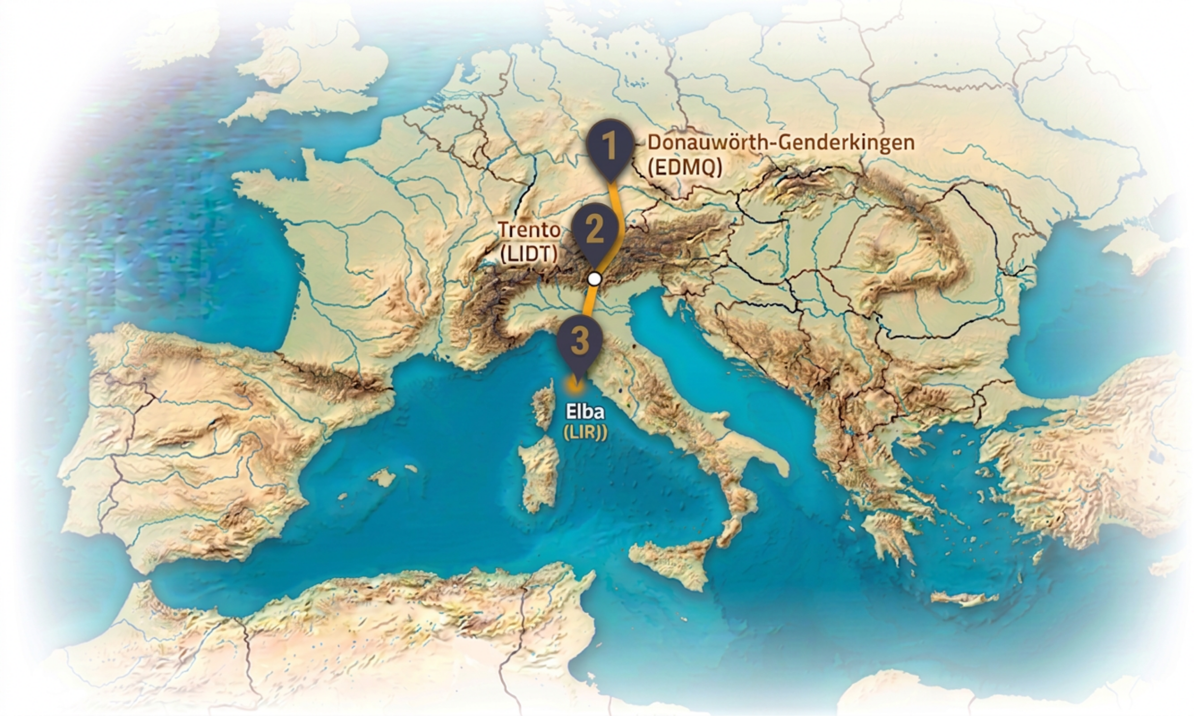 Karte von Europa mit markierten Routen von Donauwörth-Genderkingen nach Trento und Elba Insel