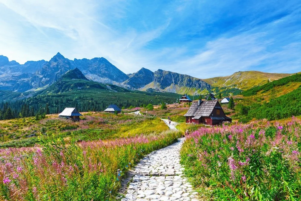 Scenic mountain landscape with a cobblestone path, wooden cottages, wildflowers, lush green hills, and tall rocky mountains in the background under a bright blue sky.