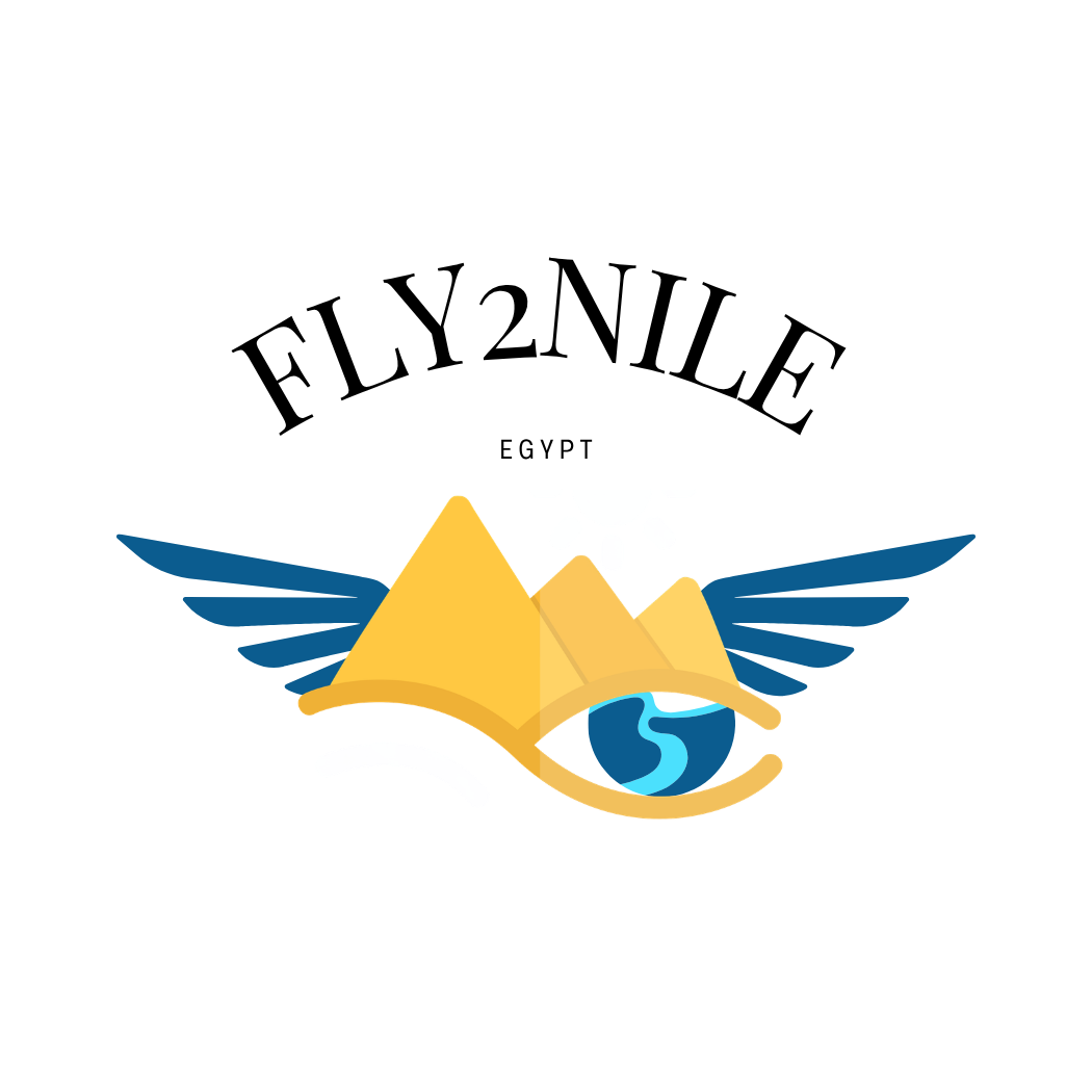 Eine stilisierte Illustration eines Auges, das die Pyramiden in Ägypten, eine Wasserquelle und eine Wüste zeigt.