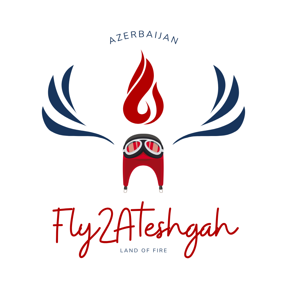 Logo mit einer roten Flamme, einer Brille, Flügeln, dem Text 'Fly2Ateshgah' und 'Land of Fire'.