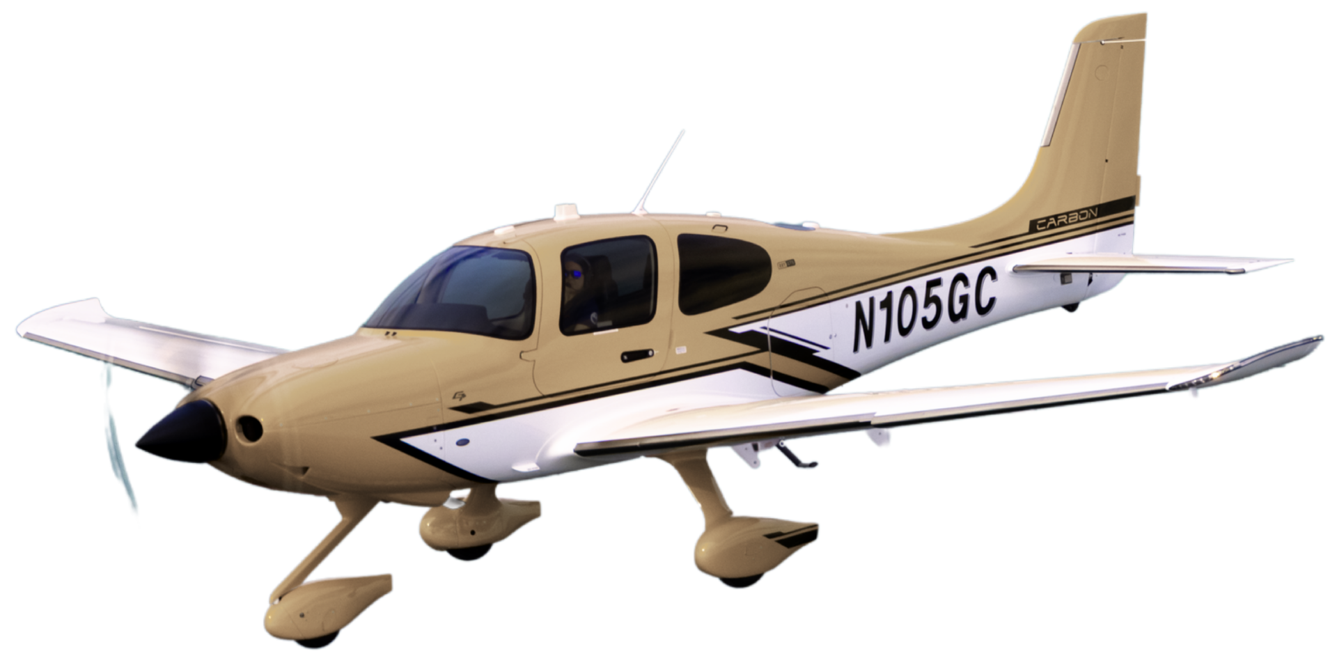 Ein einmotoriges Privatflugzeug in beige und schwarz mit den Kennzeichen N105GC, fliegend sichtbar mit Cockpit, Flügeln und Schwanzflosse.
