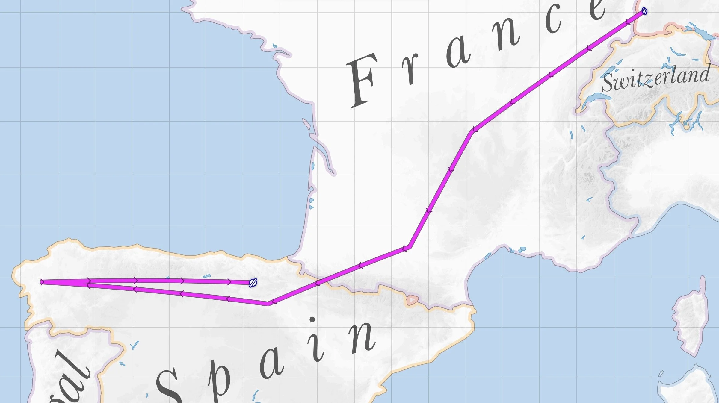 Karte der Zugstrecke von Spanien nach Frankreich, mit rosa Linien und Pfeilen, die die Route anzeigen, durchquert Spanien entlang der südlichen Küste, zieht nach Norden nach Frankreich und erstreckt sich weiter nach Osten bis nach Zürich in der Schweiz.