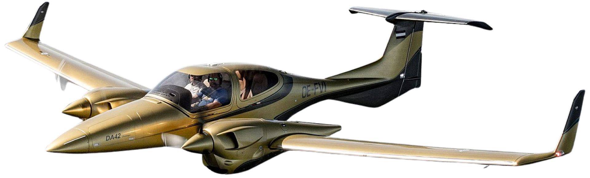 Ein gelbes Luxusschiff mit zwei Personen im Cockpit, einer trägt eine Sonnenbrille, fliegt durch die Luft, vor einem schwarzen Hintergrund.