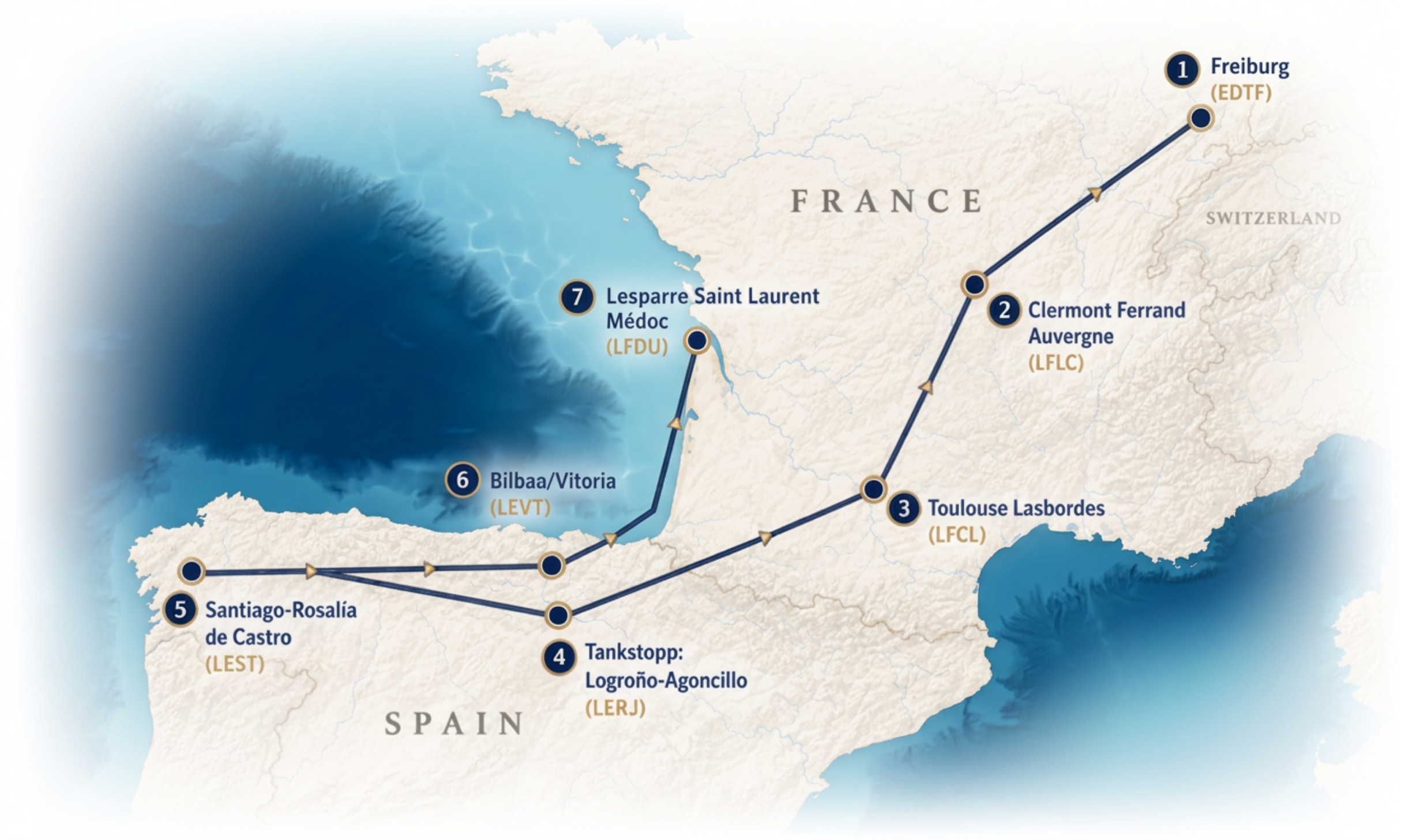 Karte der Flugroute von Spanien nach Frankreich mit Stationen in Santiago-Rosalia de Castro, Tankstopp in Logroño-Angoncillo, Toulouse Lasbordes, Clermont Ferrand, Freiburg, Bilbao/Vitoria, Lesparre Saint Laurent Médoc.