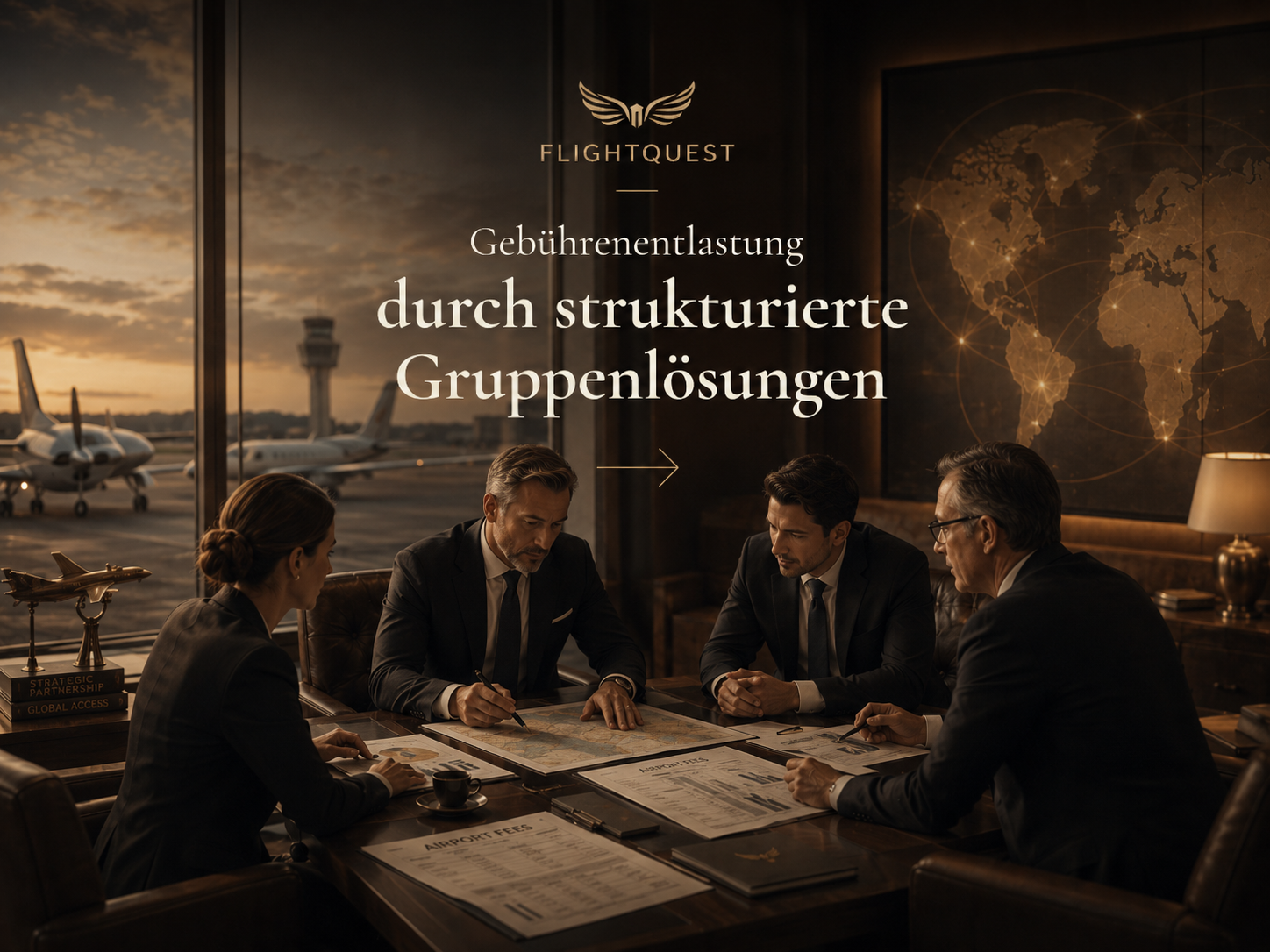 Geschäftsleute bei einem Meeting im Flughafenterminal, im Hintergrund startende Flugzeuge, Weltkarte an der Wand