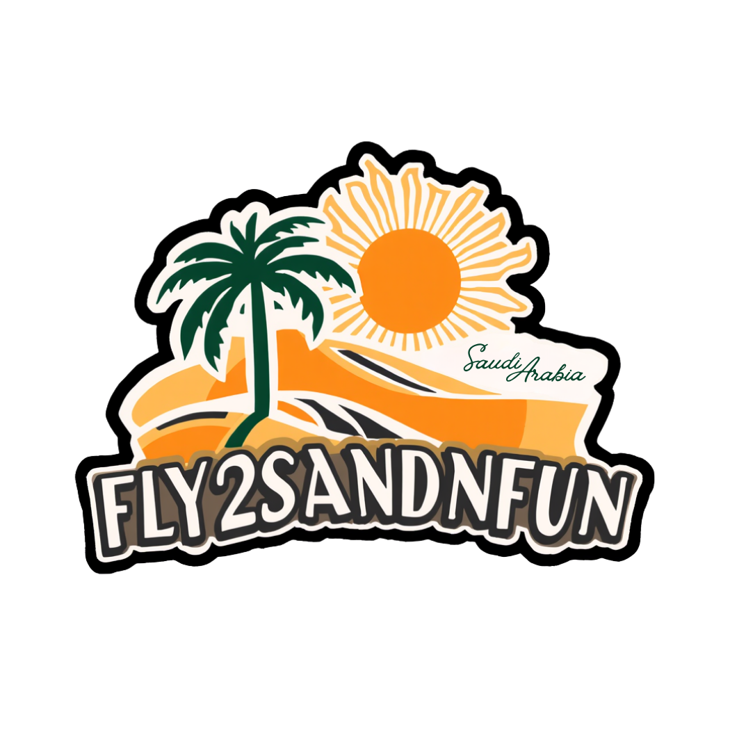 Logo mit Palme, Sonne und Sanddünen, Text 'Fly 2 Sand Fun', 'Saudi Arabia'