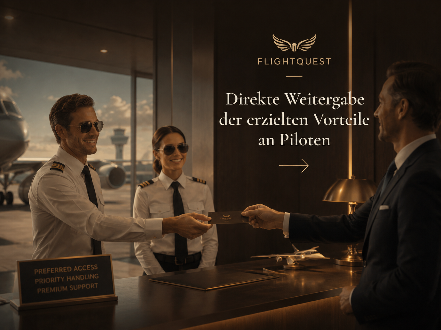 Zwei Flugkapitäne geben einem Mann an der Rezeption ein Ticket im Flughafen zwischen Flugzeugen im Hintergrund.