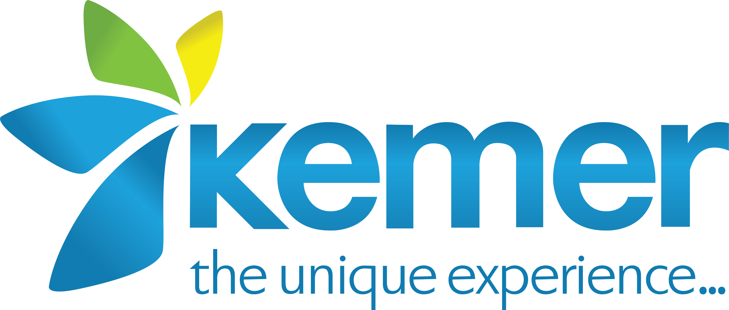 Logo mit blauen und grünen Blättern und dem Text 'Kemer - the unique experience...'.