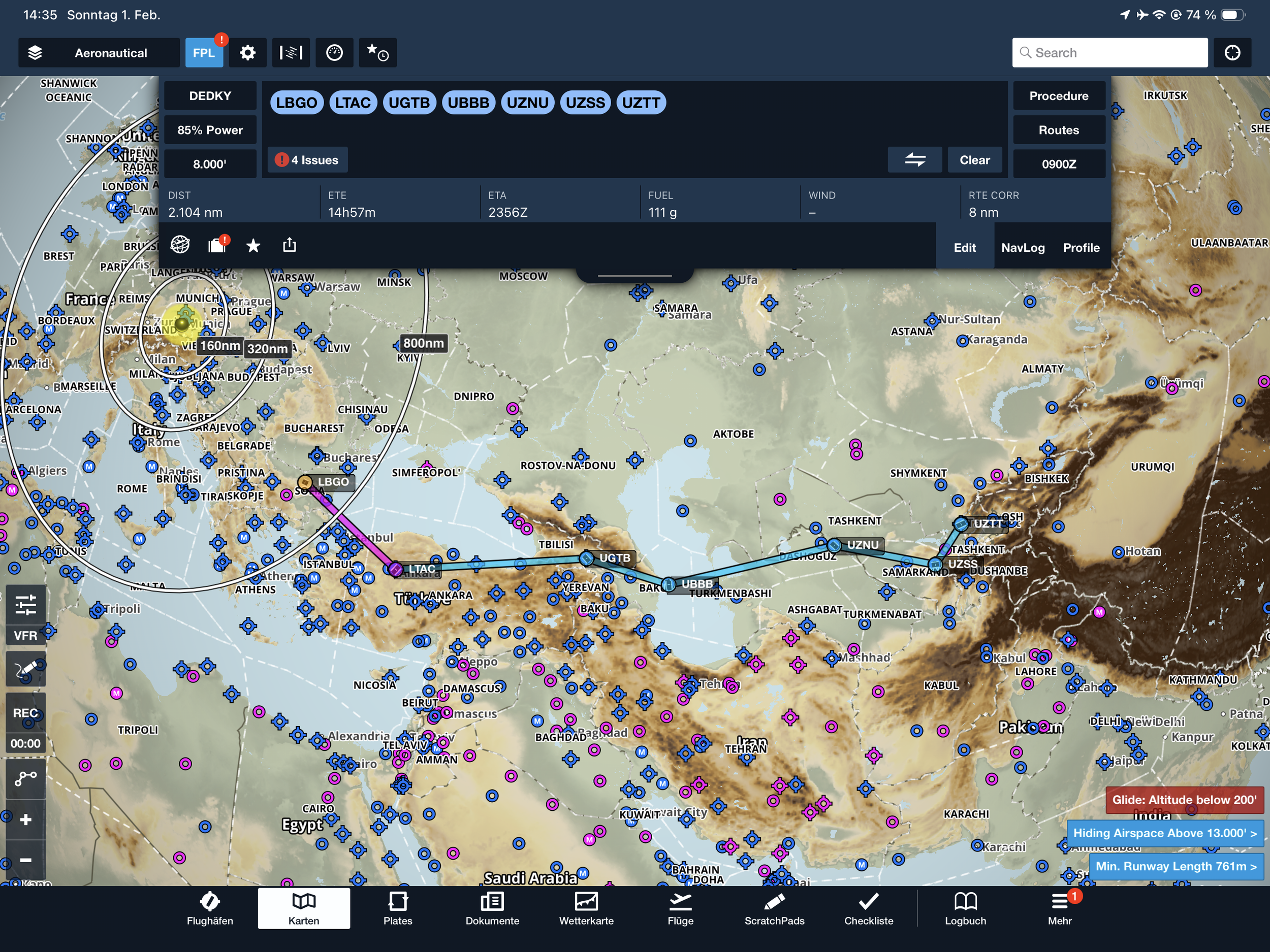 FlightQuest.Space Zentralasien Route