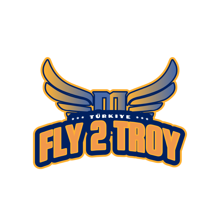 Logo featuring stylized wings above the text 'Fly 2 Troy' with the word 'Türkiye' and logo details.