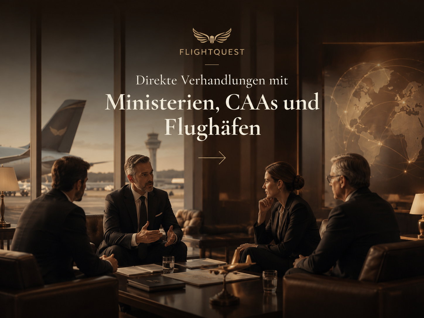 Geschäftstreffen im Flughafen mit vier Personen in Anzügen, Blick auf Flugzeug und Fluglotsturm durch Fenster, Weltkarte im Hintergrund