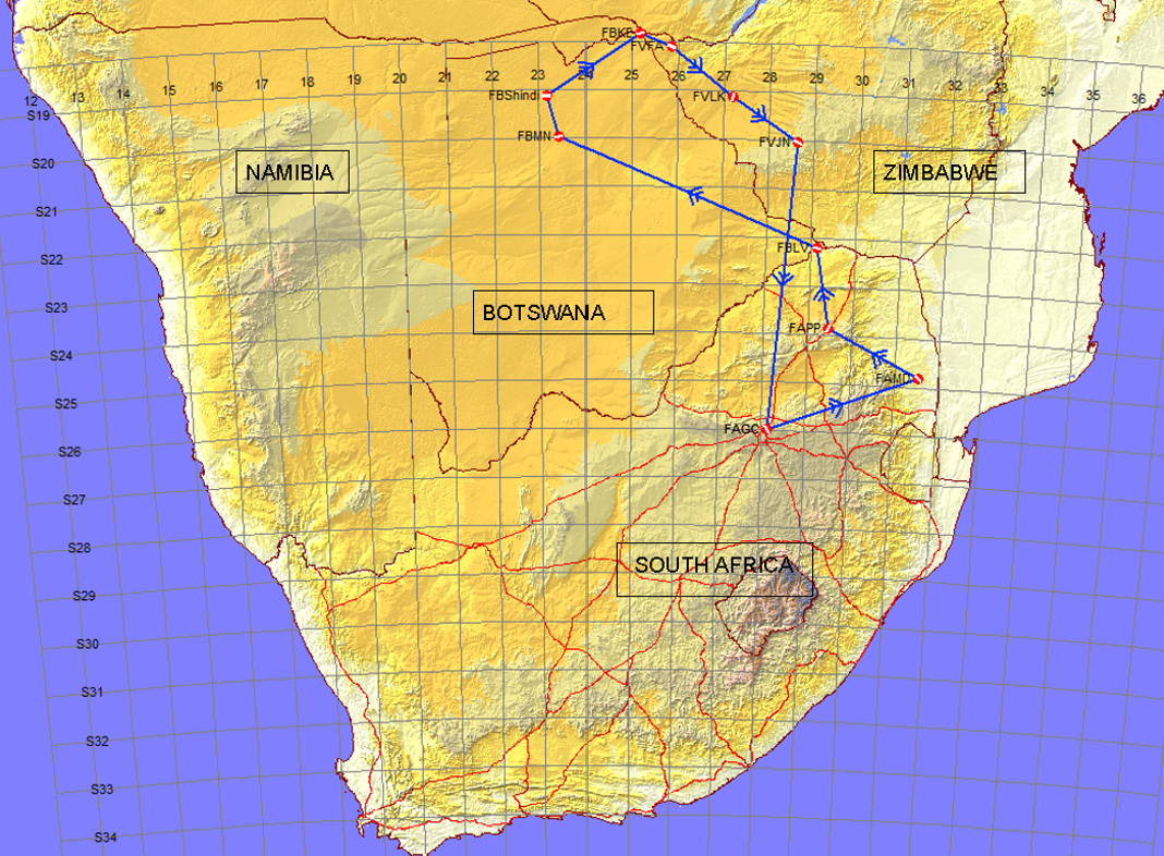 Karte von Botswana mit Flugrouten nach Namibia, Simbabwe und Südafrika