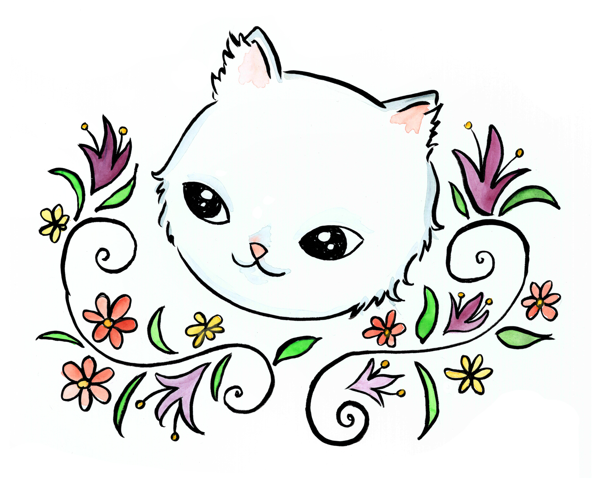 White Cat with Lillies