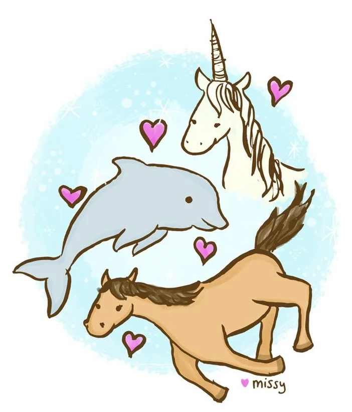 A #drawing of my current #obsessions 🐎🐬🦄