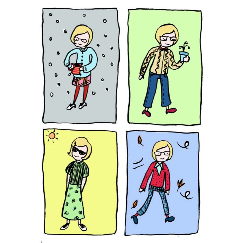 Wishing for cooler days! Here is my #comic #cartoon of me through the #seasons ☃️🌷🌞🍂
