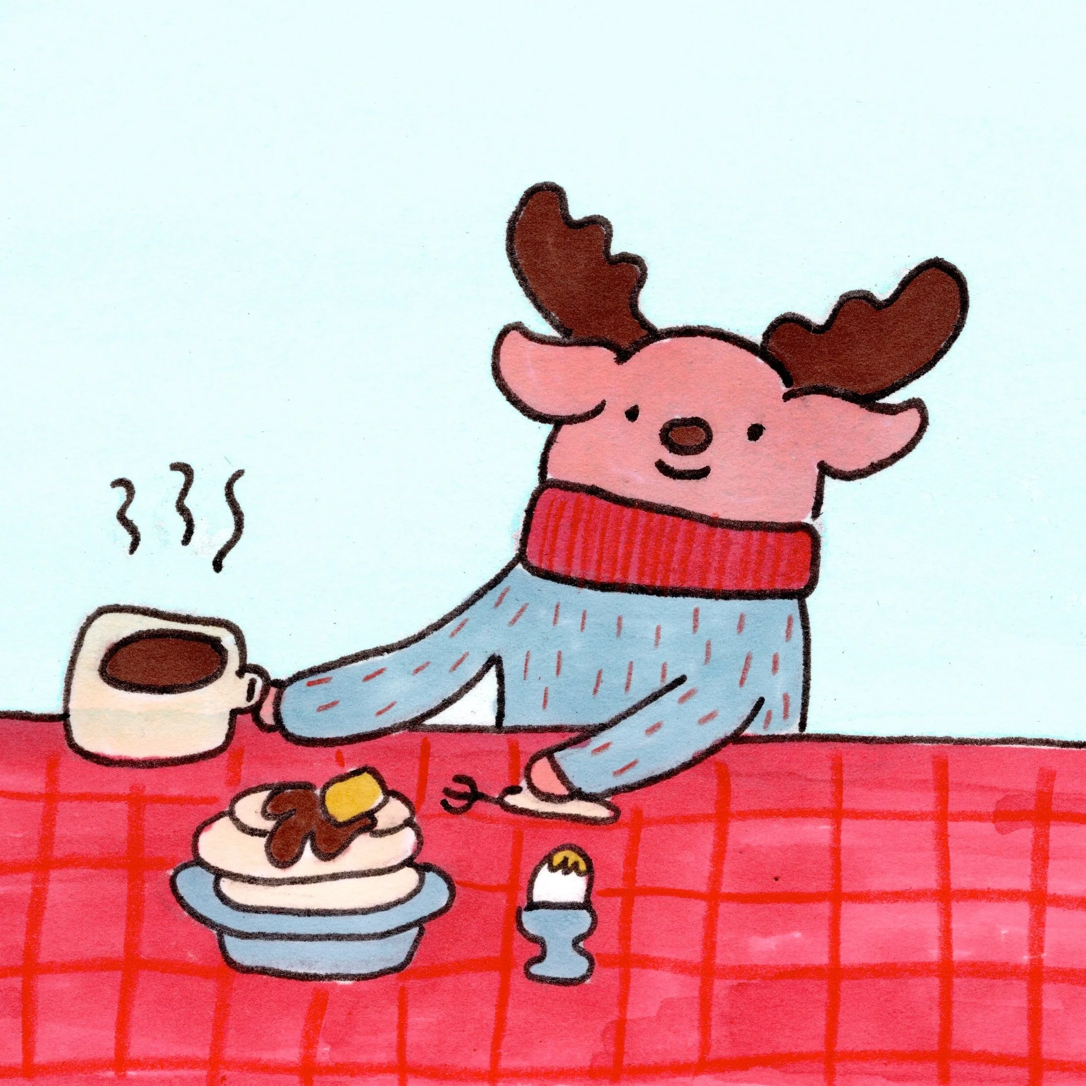 MOOSE: Here is a moose having some breakfast. They just love pancakes and syrup. So delicious! Exactly what a moose would munch! @peachtober #peachtobermoose #peachtober26 #illustration #missykulikart #drawing