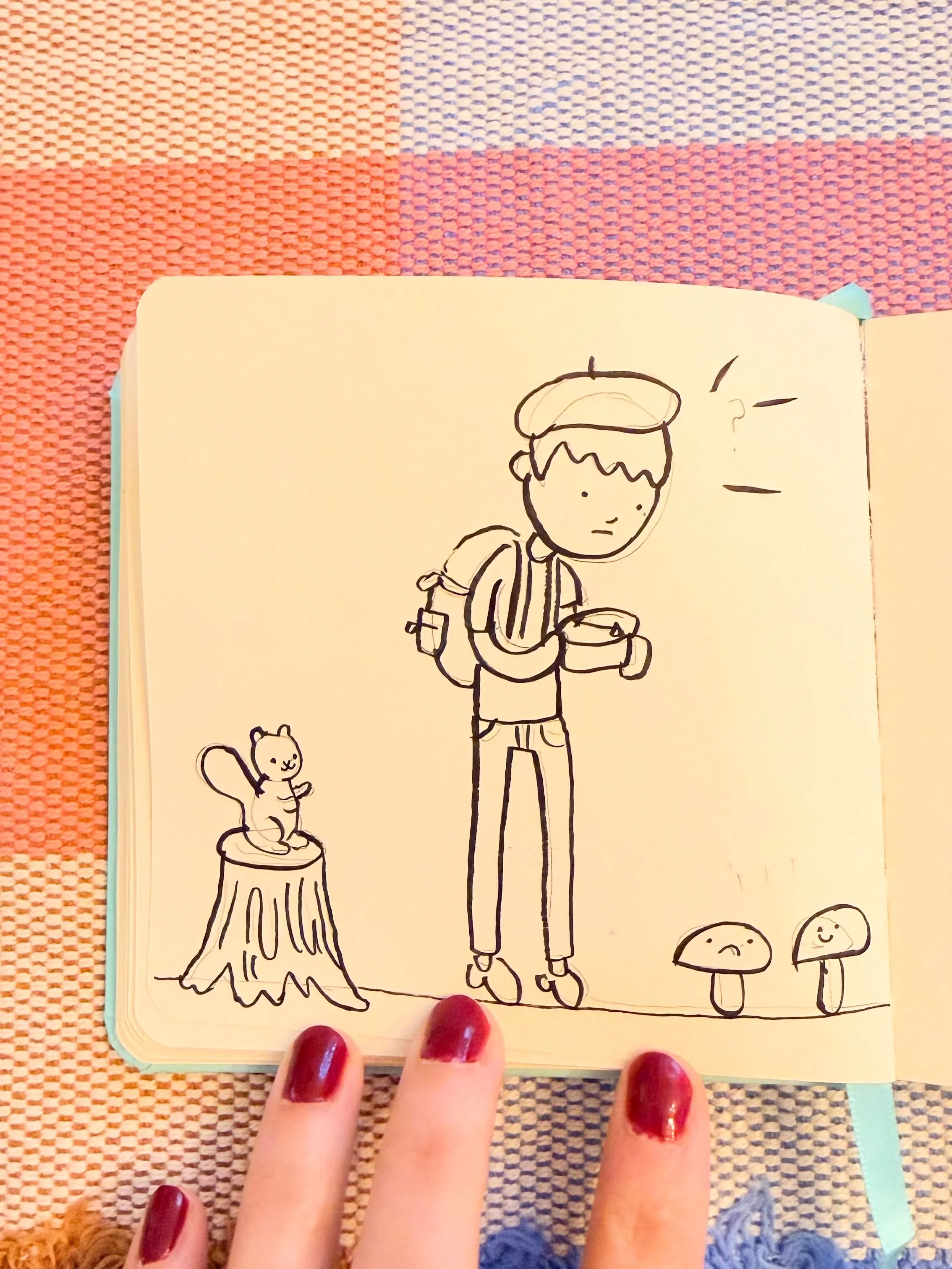 COMPASS: Tobby @charlotteandtubby helping me with @peachtober ✨🥰🐱 Lost in the woods, as always! Trying to find your way through mushrooms and leaves! Squirrels are no help! #peachtobercompass #sketchbook #illustration #art #journal