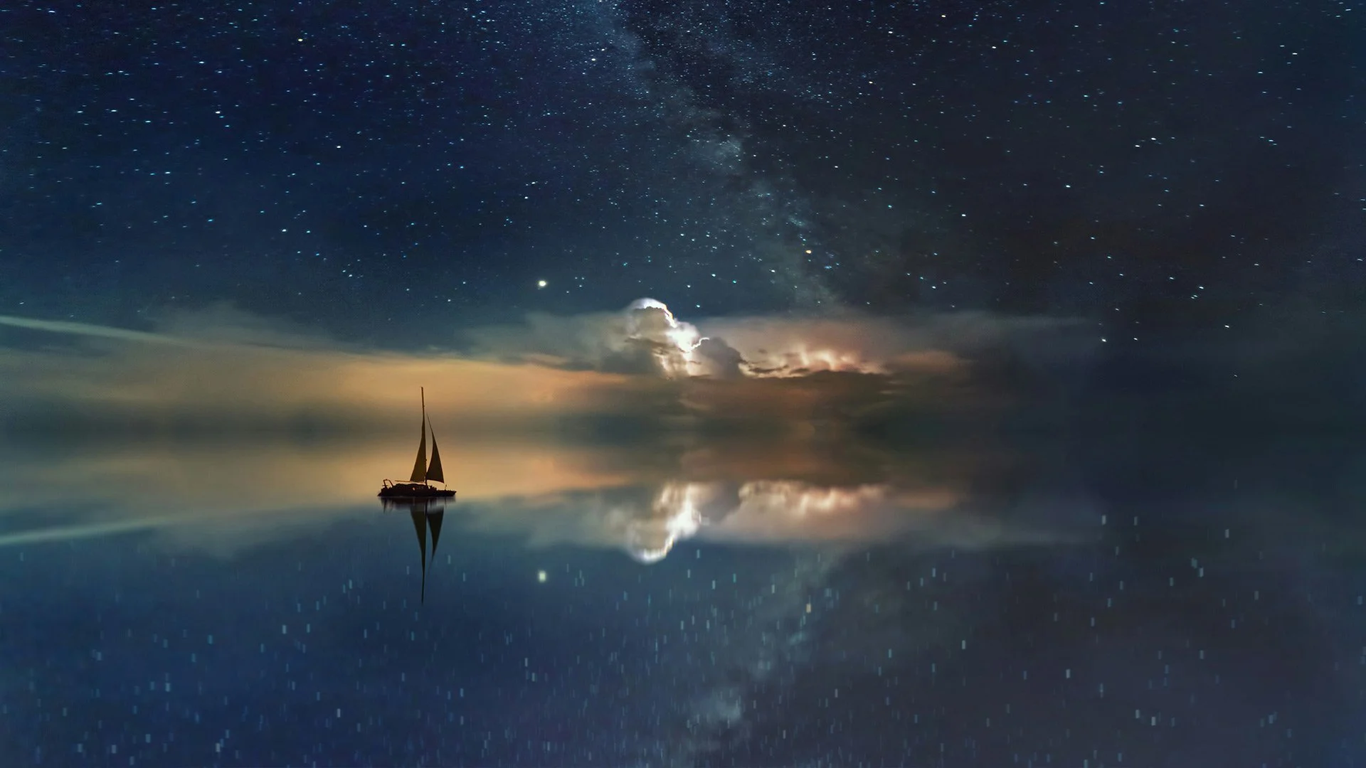 a boat floating on the water where the sky meets the horizon