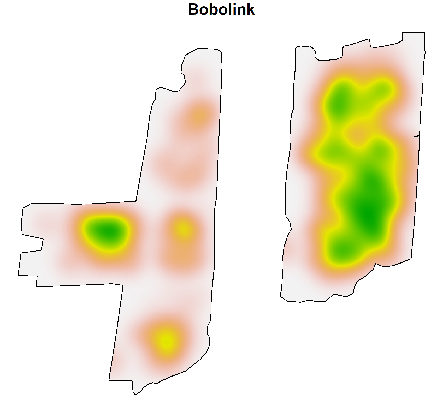 Bobolink relative abundance on two fields at Duke Farms, NJ in summer 2018. Rotational ‘conservation grazing’ will be implemented on the left field in 2020 and population responses will be evaluated. For scale, these former farm fields of heiress Dorris Duke are ~1 km long.